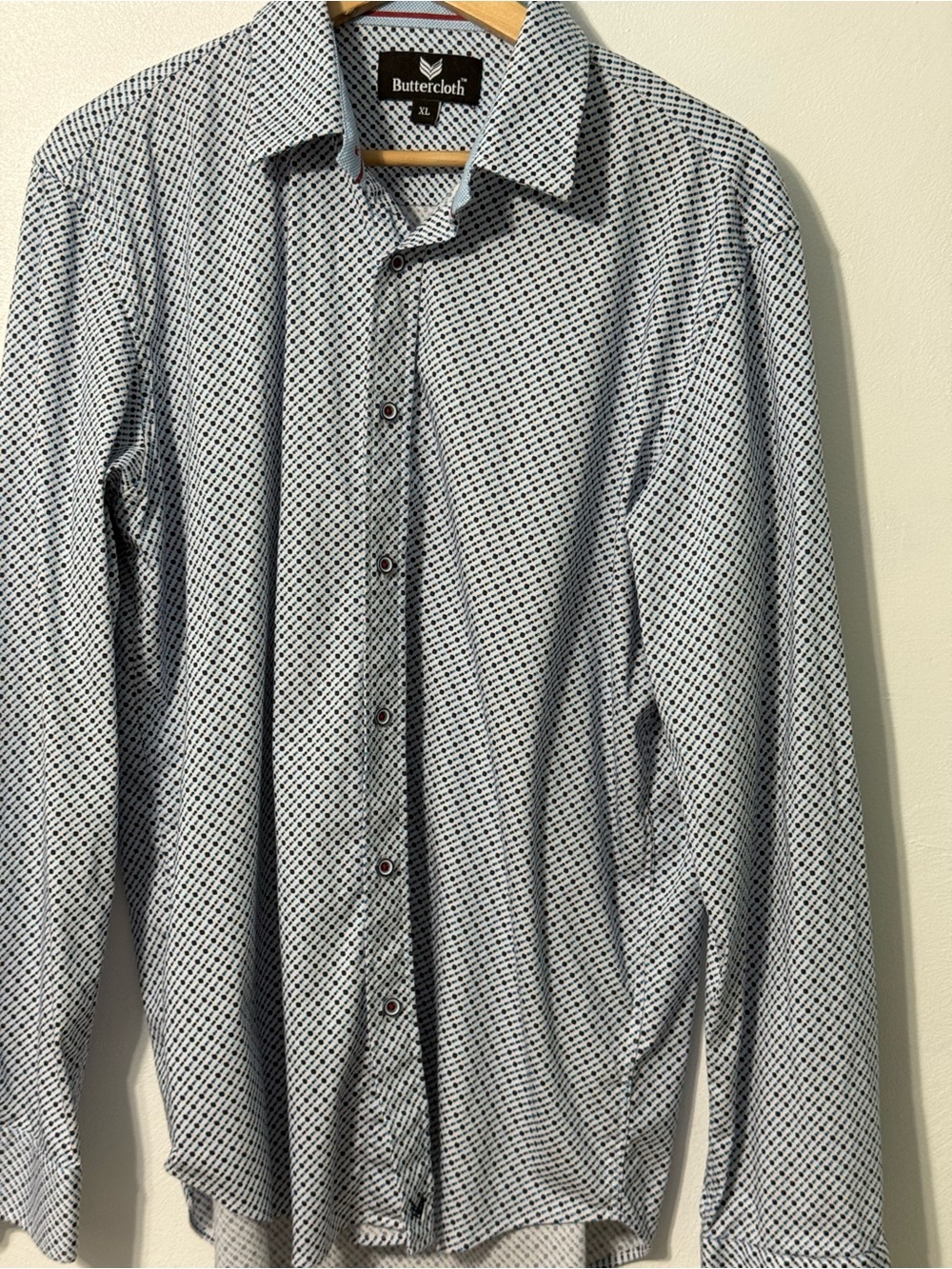 Buttercloth Men's White and Blue Micro-Pattern Dress Shirt XL